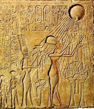 Pharaoh Akhenaten (Center) and His Family Worshiping the Aten (with characteristic rays seen emanating from the solar disc)